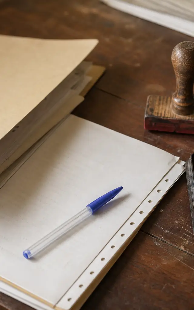 Chemise cartonnée, stylo bille bleu et tampon encreur sur un bureau.