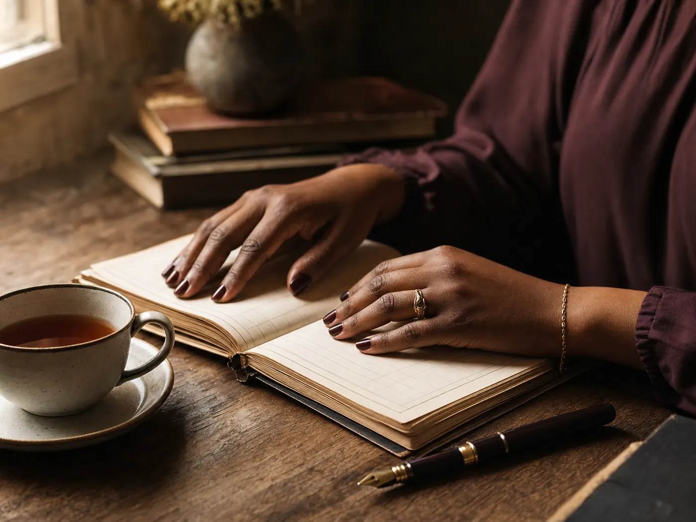 Deux mains posées sur un registre de papier ouvert, un stylo et une tasse à côté, lumière de fenêtre.